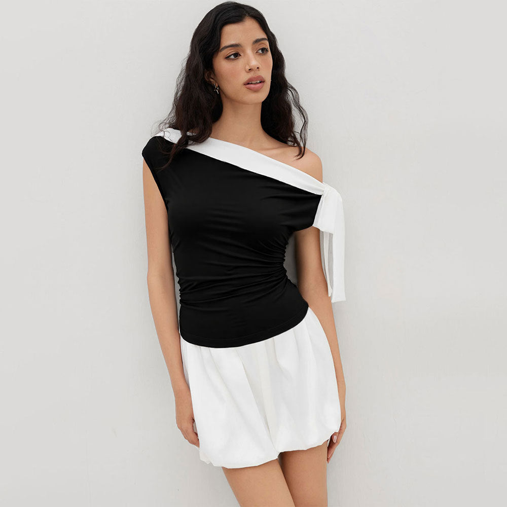 Womens Color-Block Slim-Fit Off-Shoulder Bow-Tie Neck Sleeveless Top