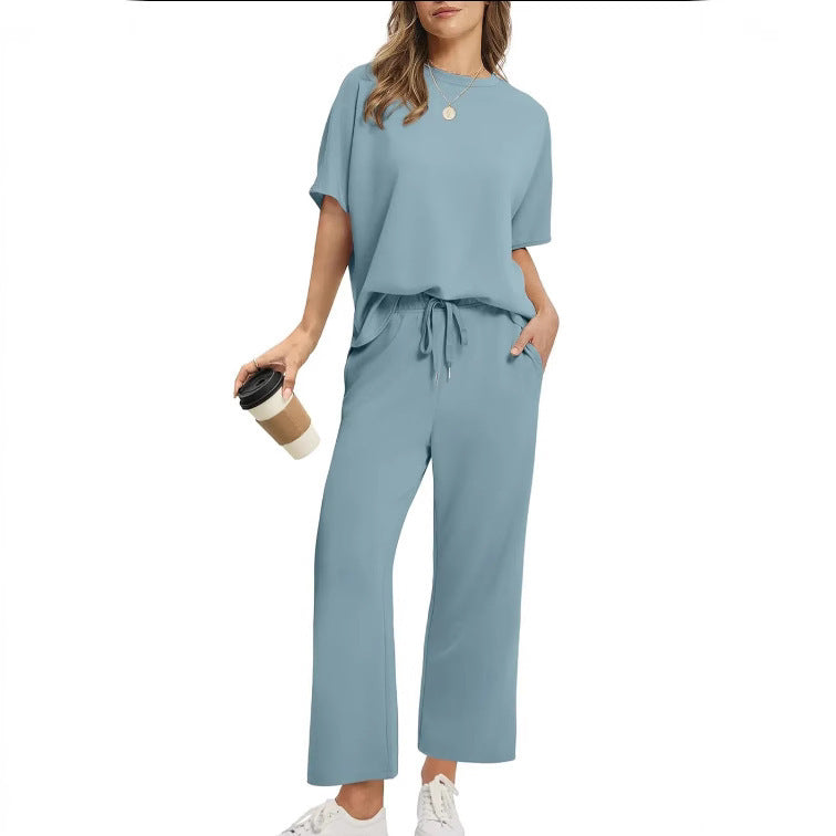 European And American Women's Solid Color Short-sleeved Casual Wide-leg Pants Suit