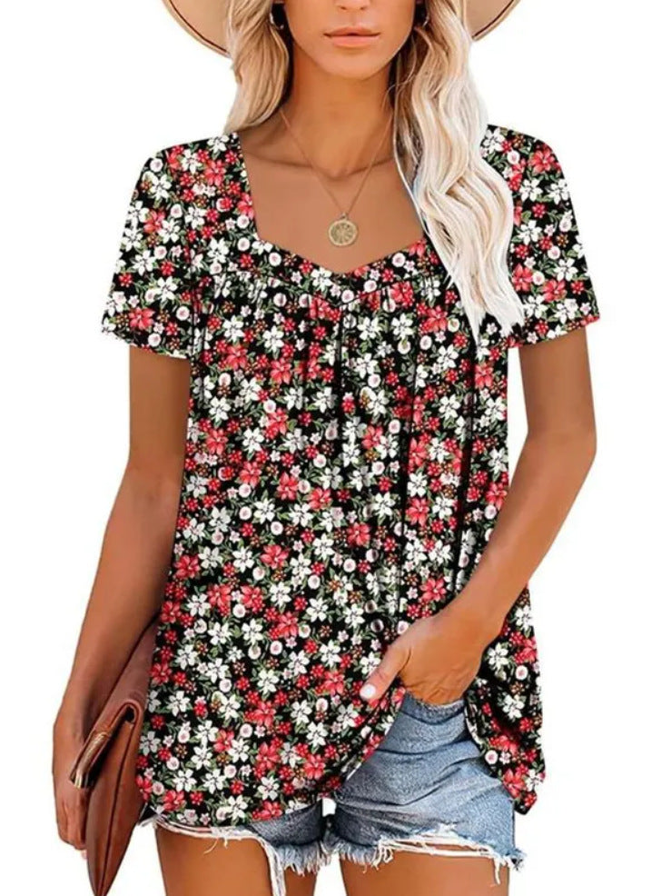 Women's Clothing Square Collar Short Sleeve Printed Loose T-shirt