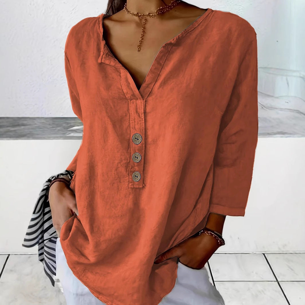 Solid Color Notched Collar Shirt Casual Button Shirt