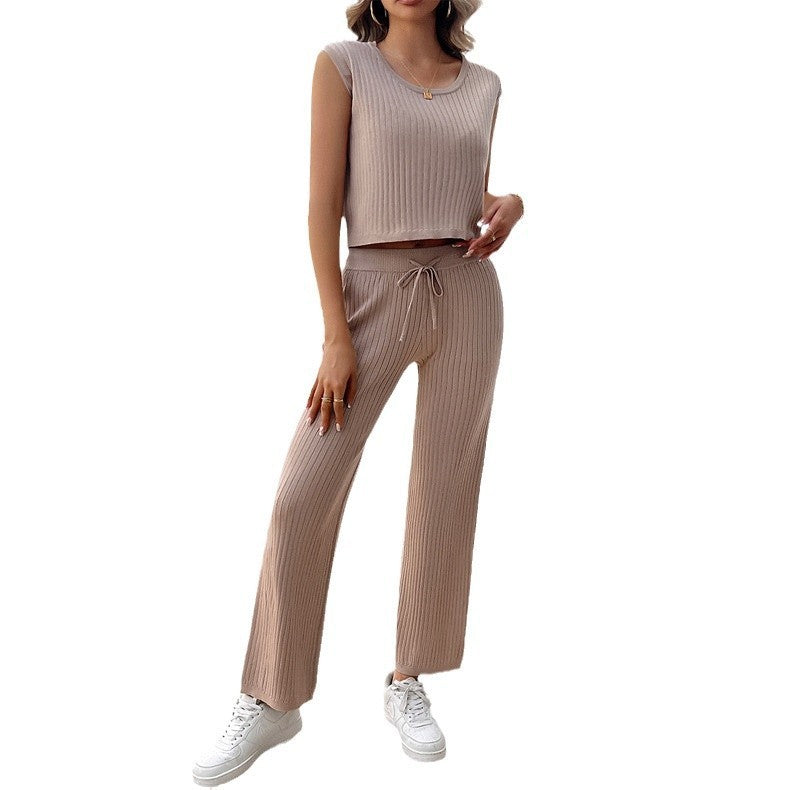 Casual Slim-fit Solid Color Woolen Sleeveless Bm Top Cropped Pants Set