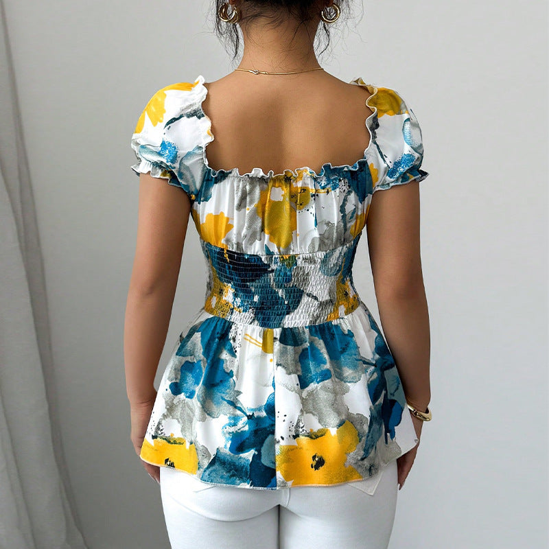 Vacation Deep V-neck Shirt Tie-dye Slim Fit Lady