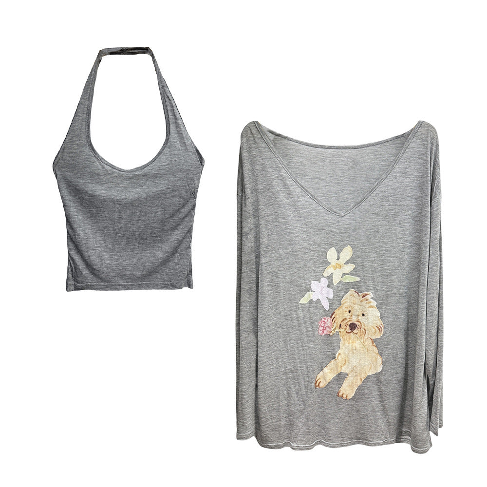 Summer Puppy Printed Two-piece Set Sun Protection T-shirt Halter Spaghetti Straps