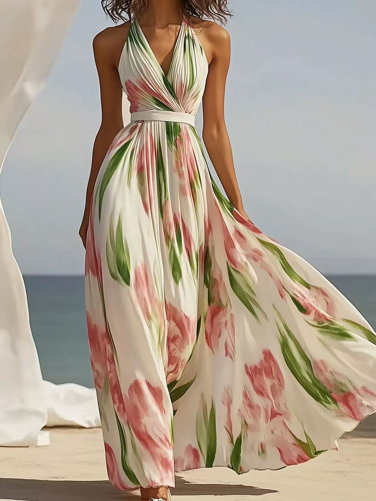 Summer New V-neck Fashion Printed Sling Long Dress