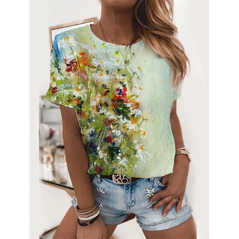 Artificial Cotton 3D Sunflower Print Round Neck T-shirt