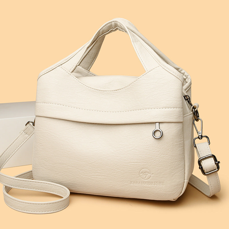 Retro-style Fashionable Patchwork-print Soft Leather Multi-compartment Tote Bag For Women