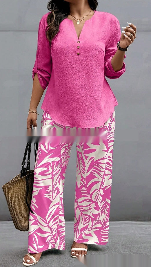 Ladies V-neck Shirt Tropical Plants Printed Pants Suit