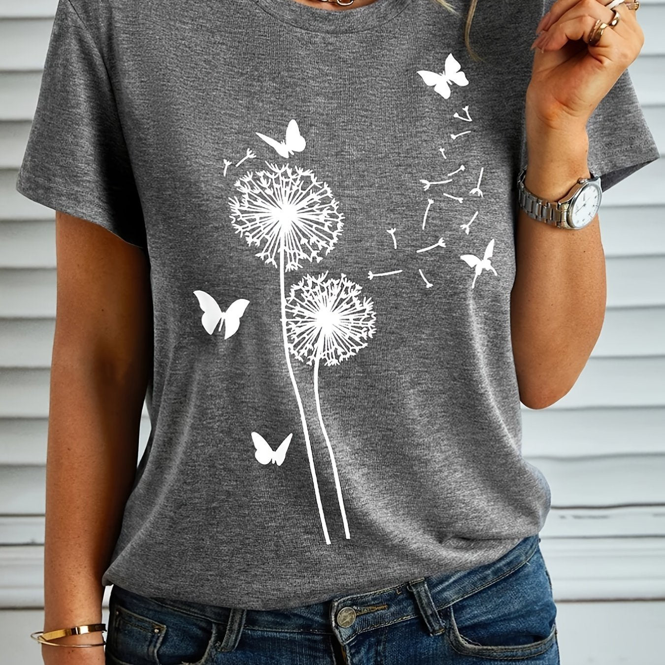 Women's Dandelion And Butterfly Printed T-shirt