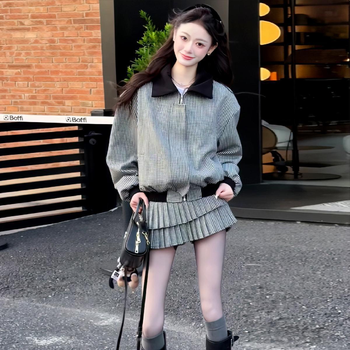 Retro Black-and-white Plaid Cropped Jacket With A Pleated Tiered Mini Skirt