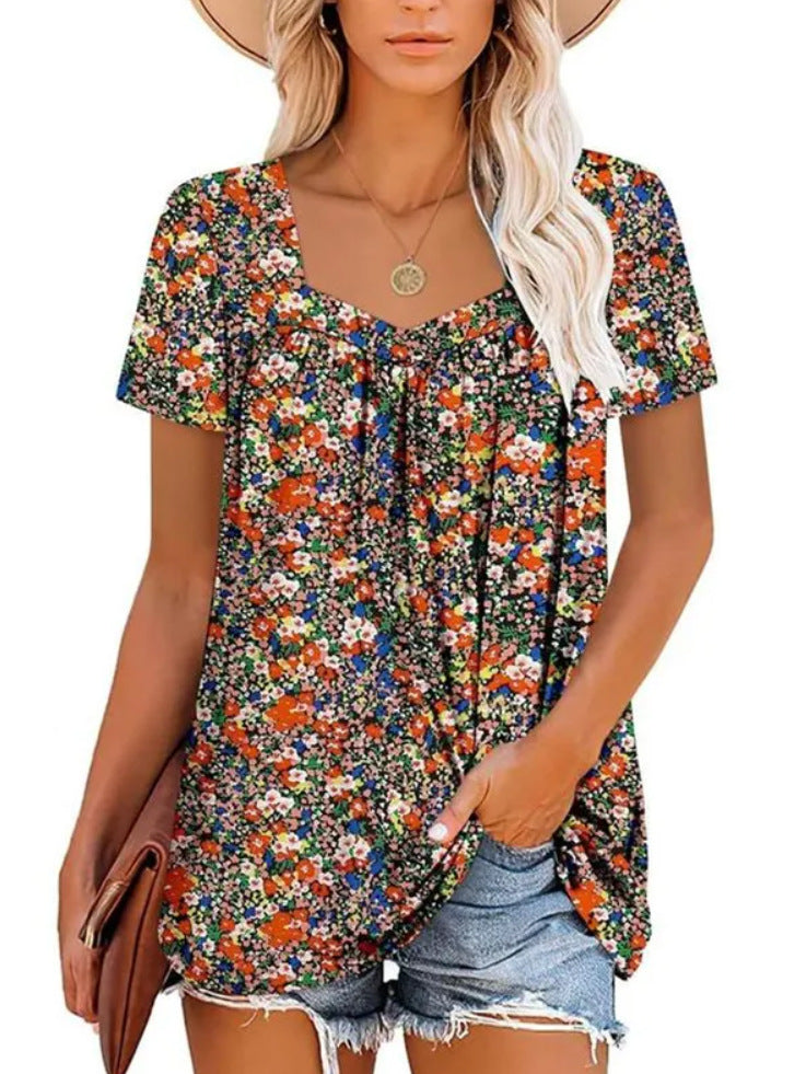 Women's Clothing Square Collar Short Sleeve Printed Loose T-shirt