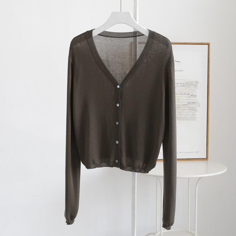 Spring And Summer V-neck Short Tencel Knitted Cardigan Pure Color All-matching