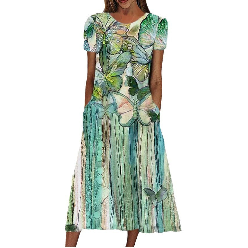 Floral Print Round Neck Short Sleeve Pocket Dress