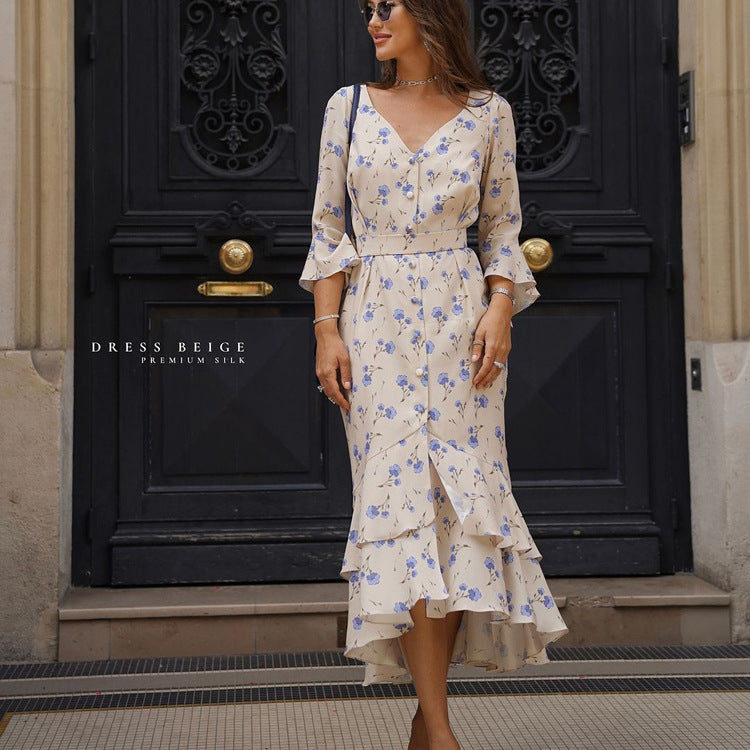 Asymmetric V-neck Flared Sleeves Floral Dress