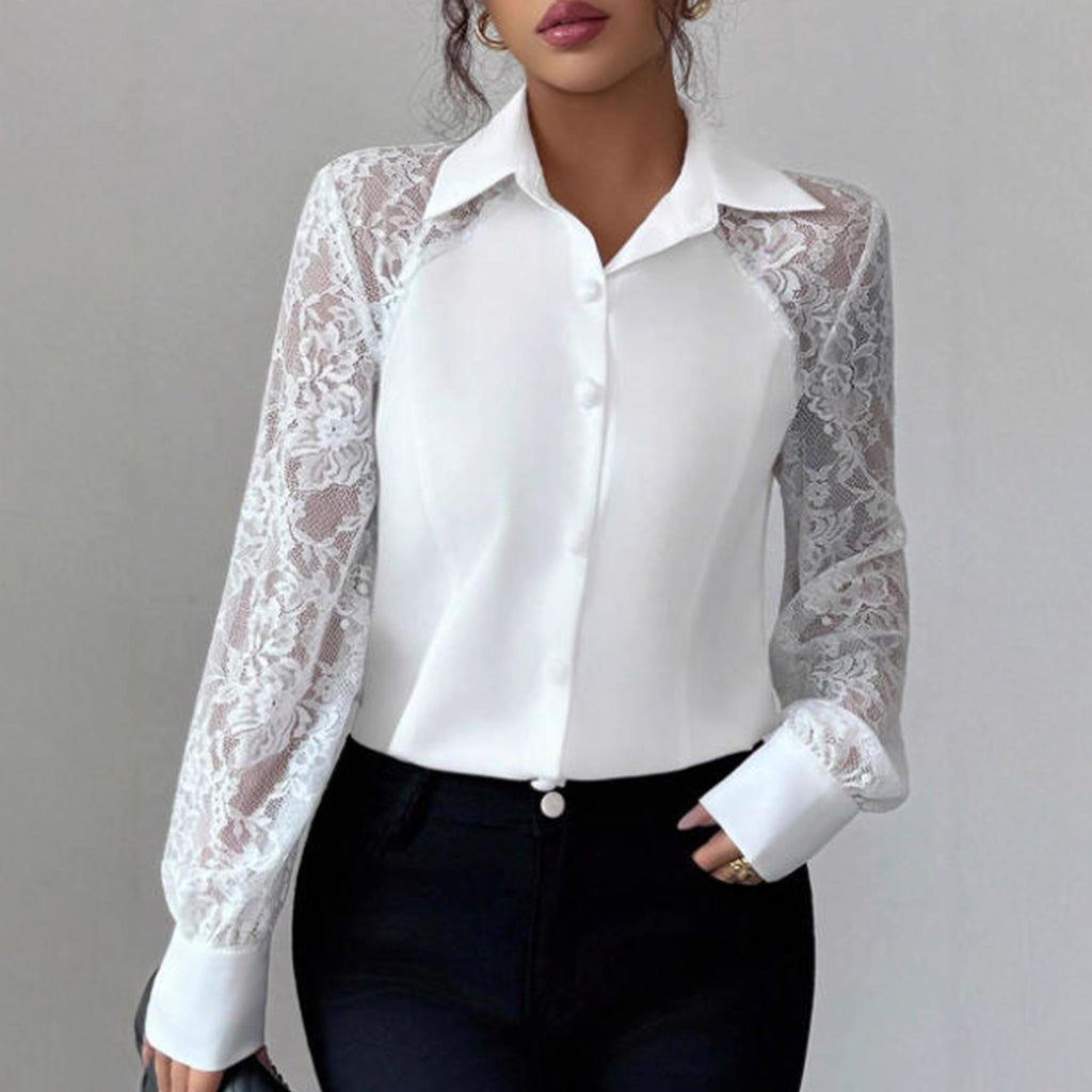 Women's Lace Solid Color Button Long Sleeve Shirt