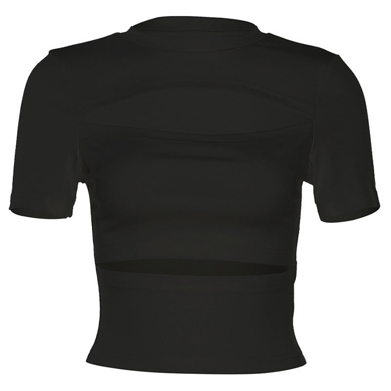 European And American Style Spring Solid Color Slim Fit Midriff-baring Street Fashion Round Neck Short Sleeves