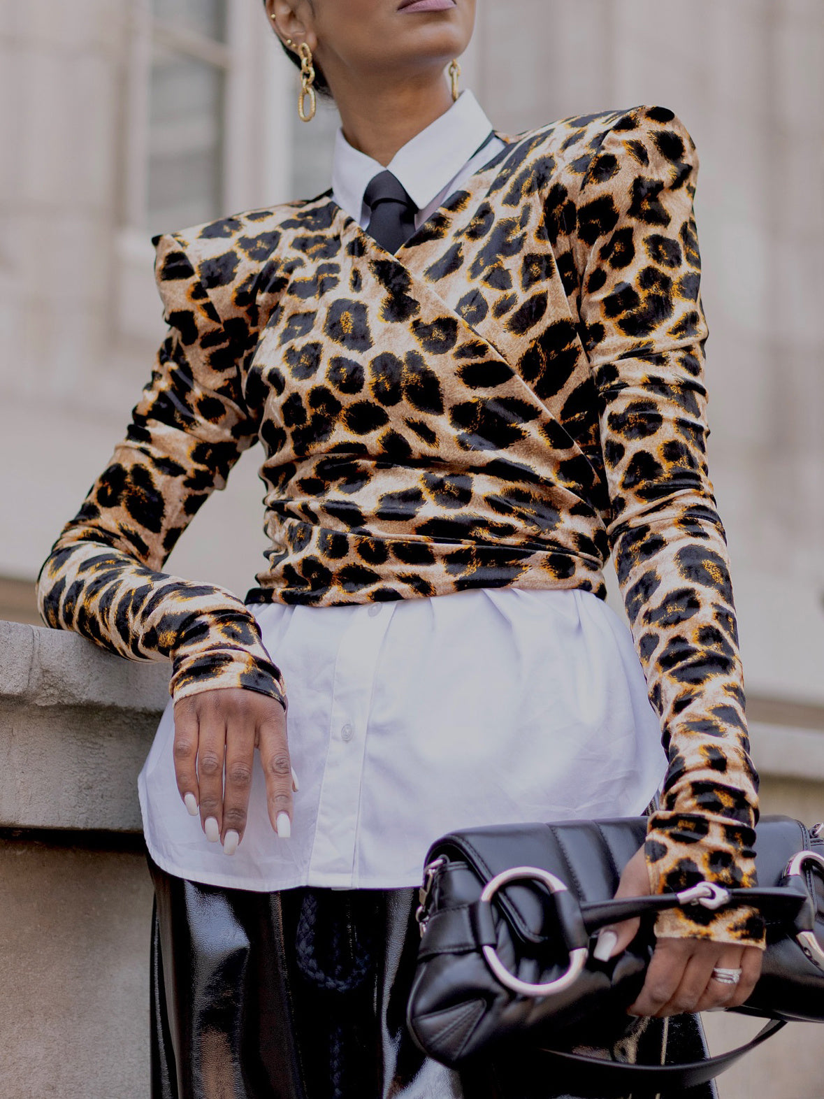 Leopard Print V-neck Top White Shirt Two-piece Set