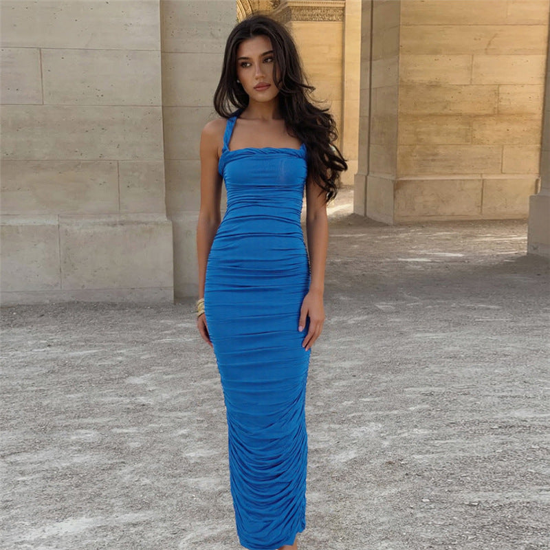 European And American Adult Lady Like Woman French Sexy Pleated Suspender Sleeveless Backless Sheath Dress