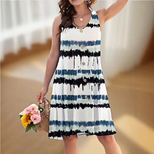 Women's Loose Sleeveless Twisted Button Printed Dress