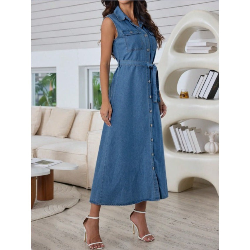 Denim Dress With Belt And Front Buttons