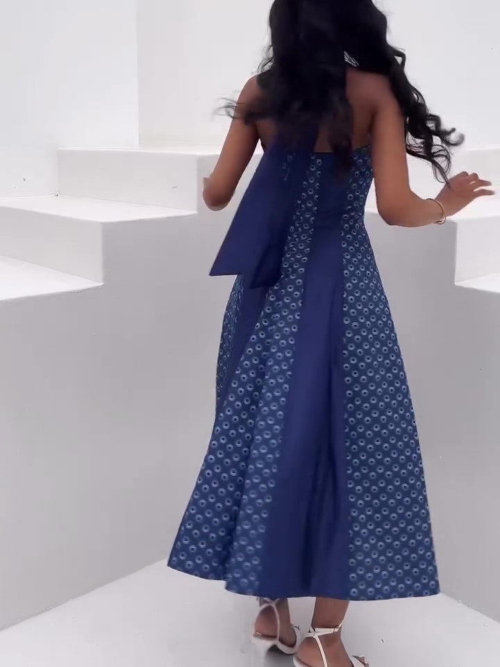 Royal Blue Geometric Print Halter Neck Waist-Cinching Flared Midi Dress