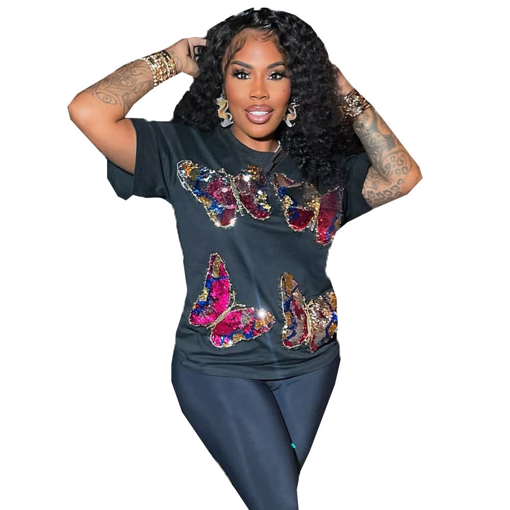 Personality Street Sequin Embroidered Crew Neck Women's Short Sleeve