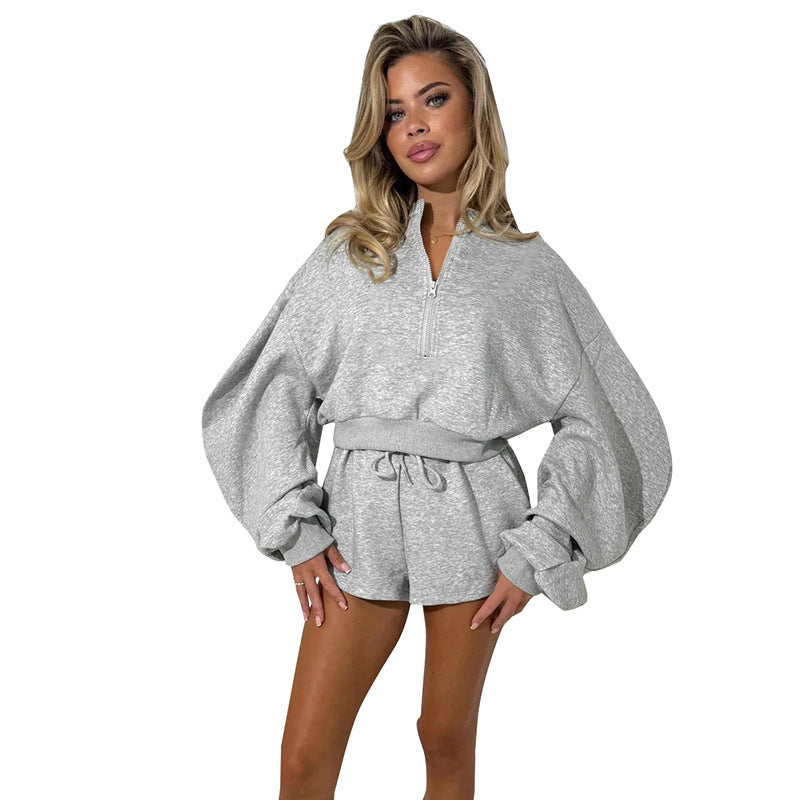 Women's Solid Color Casual Long-sleeved Sweatshirt Top With Loose Three-point Shorts Set