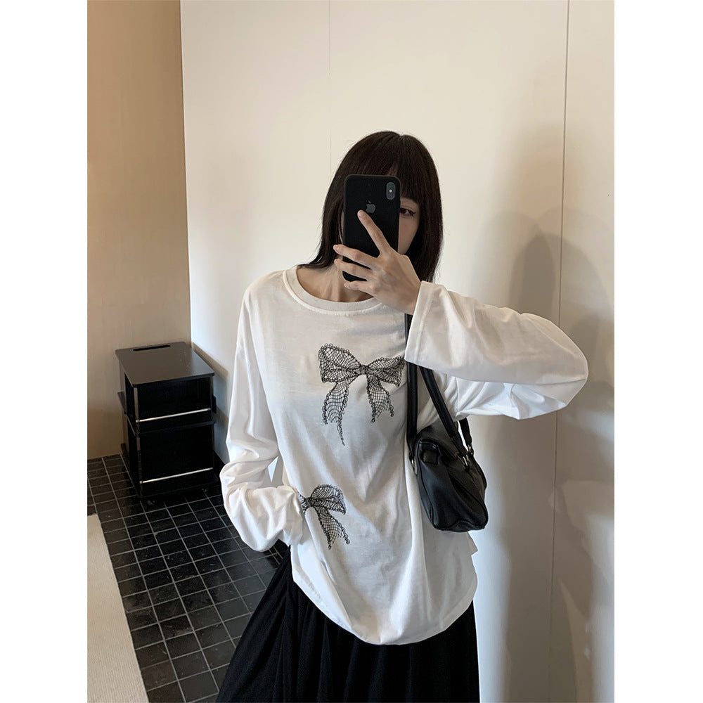Bow Print Long-sleeved T-shirt Women's Thin Loose Top