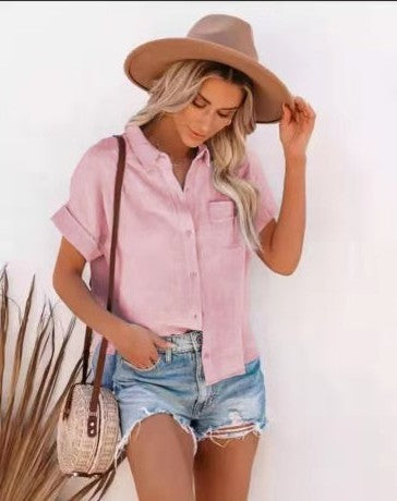 Summer Women's Popular Cotton And Linen Shirt Short Sleeved Women's Lapel Button Up Shirt