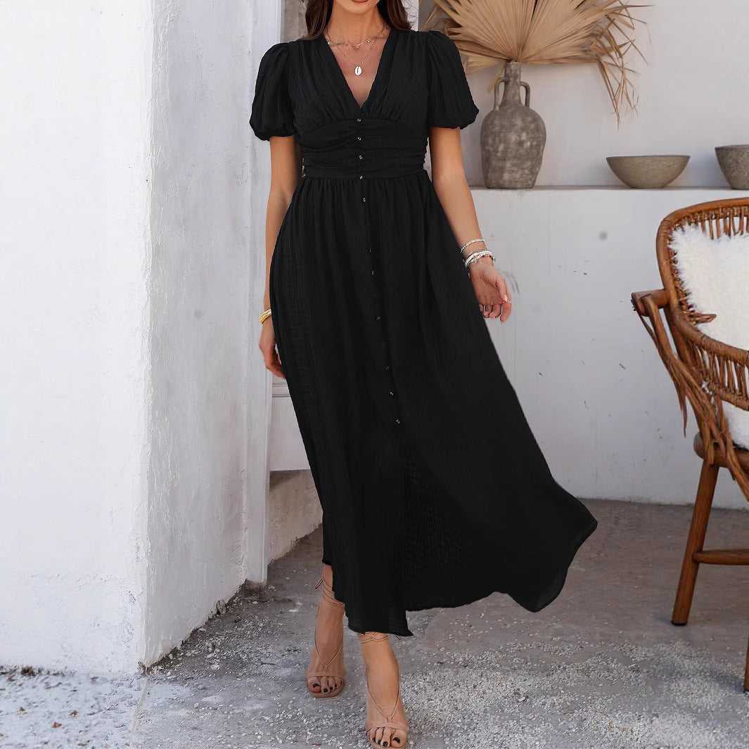 Leisure Commute Vacation Style V-neck High Waist Short Sleeve Split Dress Women