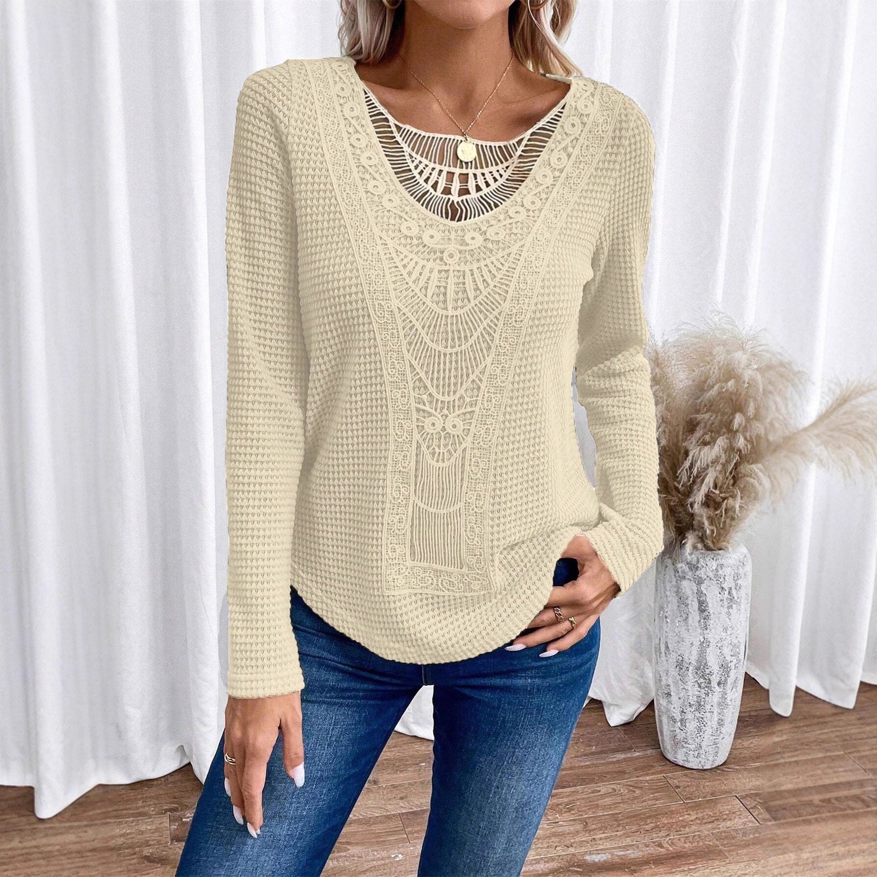 Ladies' Fashion Solid Color Lace Long Top