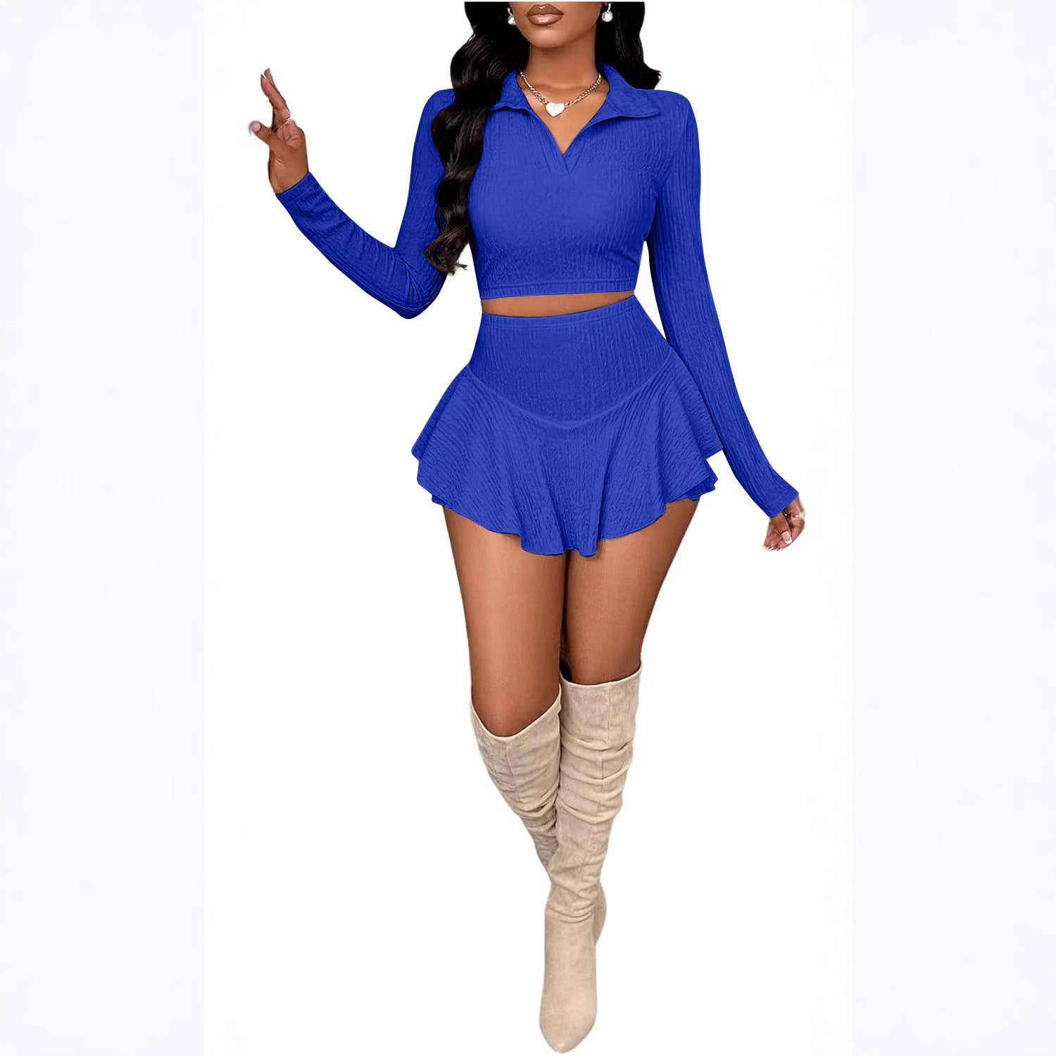Fashion Solid Color Short Navel Ruffled Pearl Skirt Skirt Suit