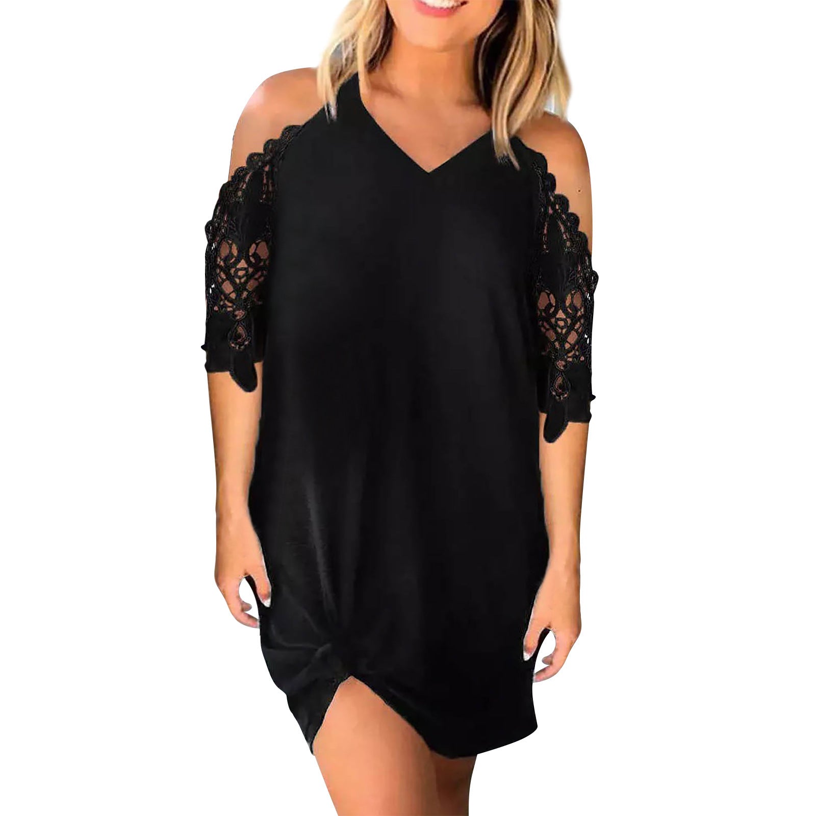 Women's Lace Patchwork Cold-shoulder V-neck Solid Color Dress