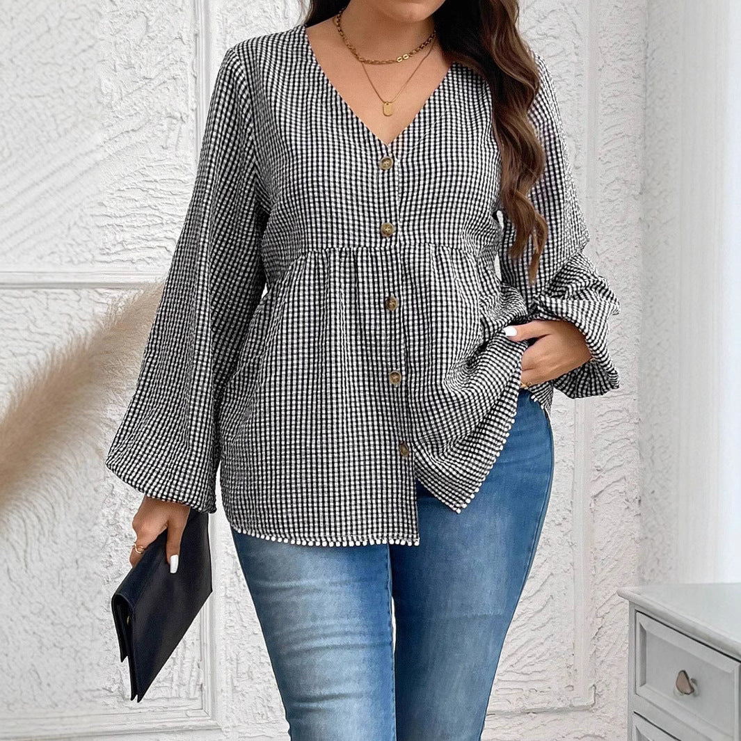 New Korean-style Slim Waist V-neck Long Sleeve Shirt