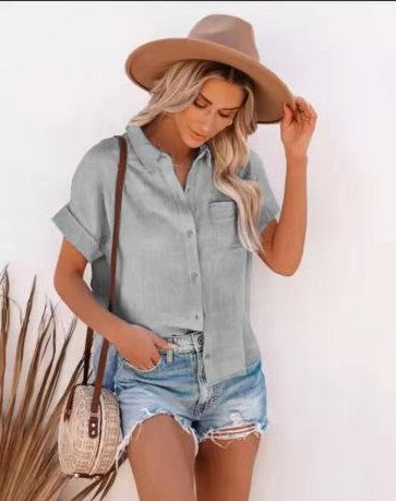 Summer Women's Popular Cotton And Linen Shirt Short Sleeved Women's Lapel Button Up Shirt