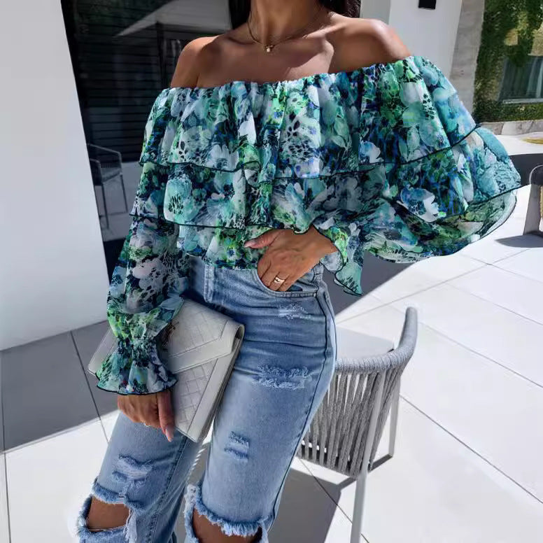 Fashionable Off-shoulder Print Blouse With A Boat Neckline