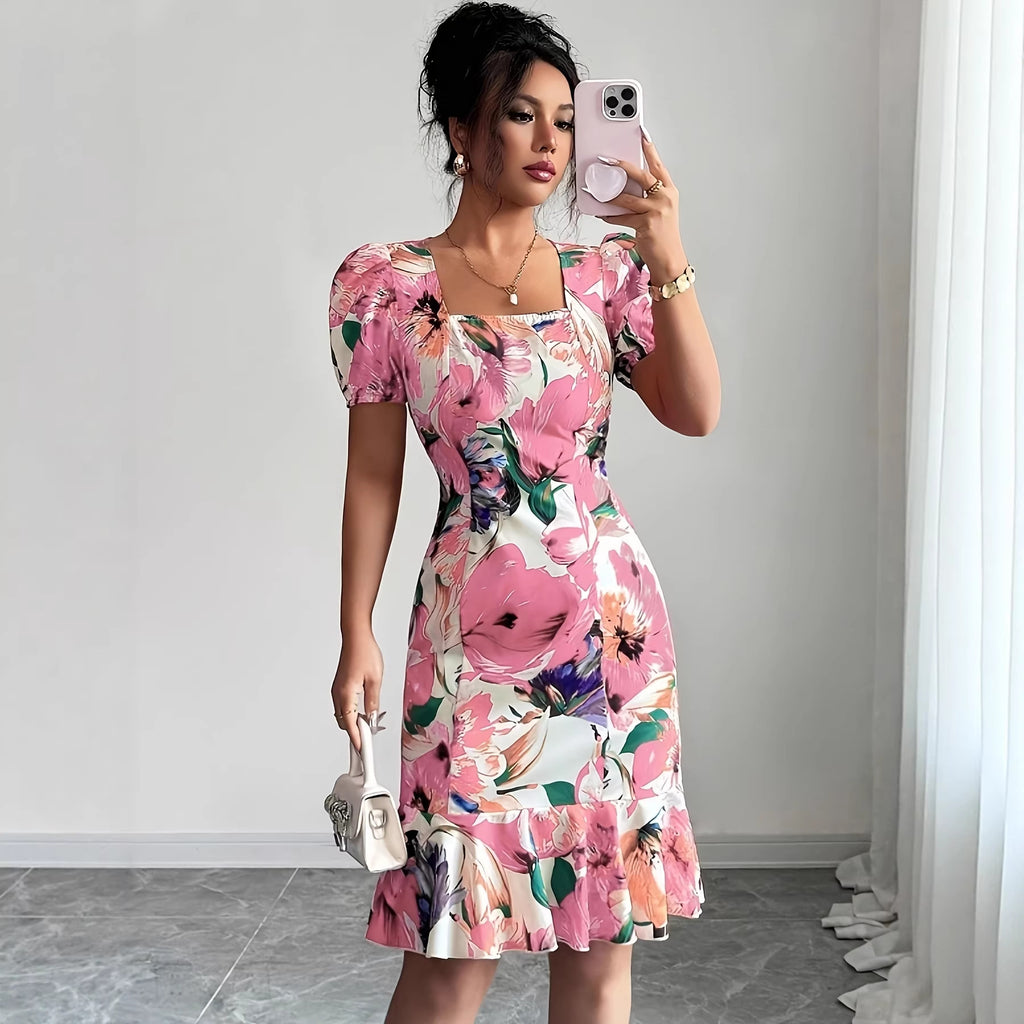 Retro Square-Neck Puff-Sleeve Waist-Cinching Ruffle-Trim Dress