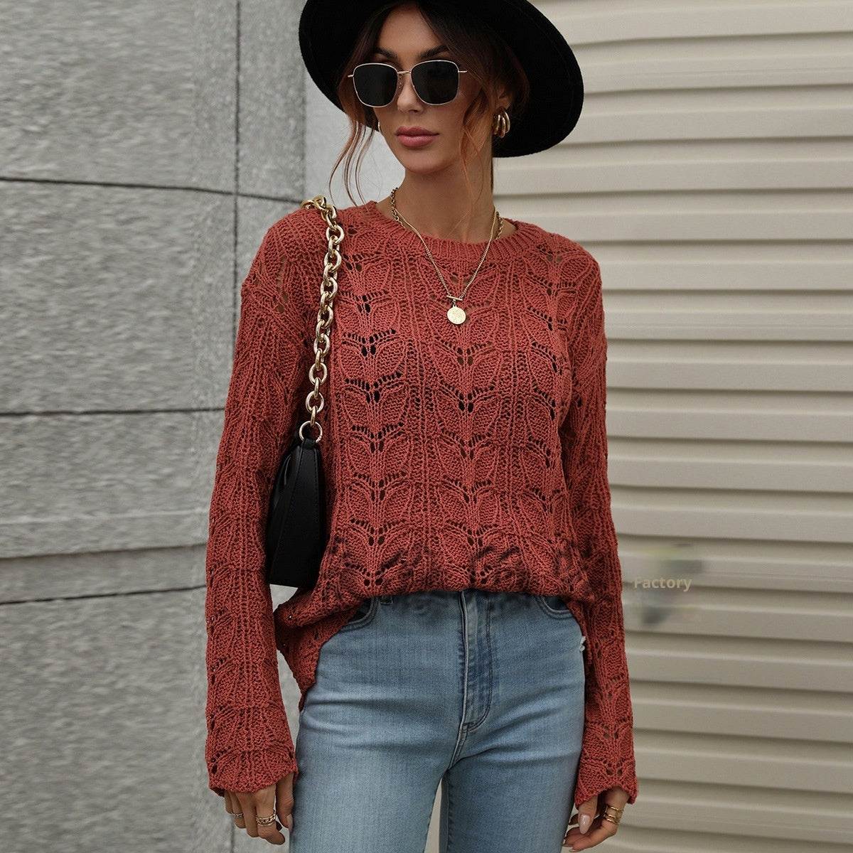 Solid Color Crochet Hollow-out Round Neck Loose Sweater Women