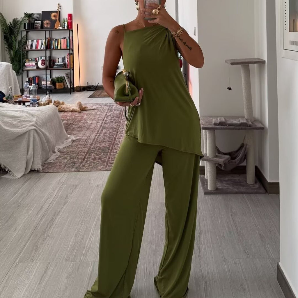 Asymmetrical Pleated Camisole And Wide-leg Pants Set
