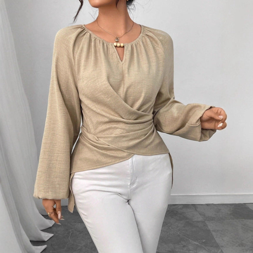 Womens Woven Long-sleeve Top With Tie Detailing And An Asymmetrical Hem