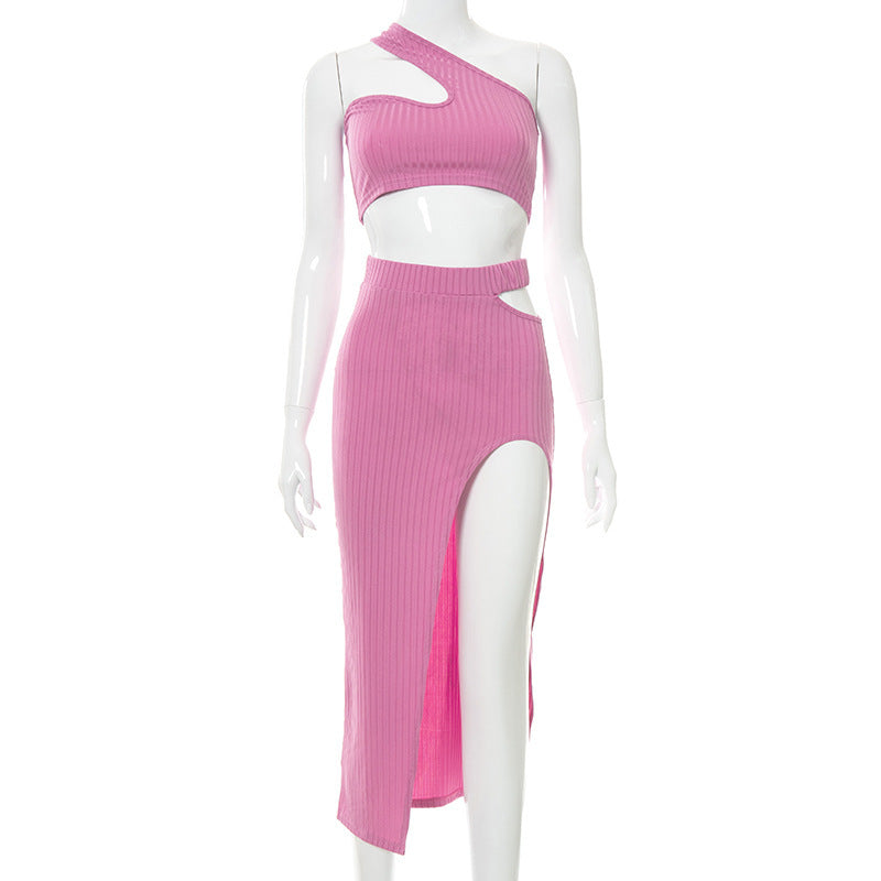 Summer Fashion Temperament Slim Fit Sexy Spicy Girl Outfit Solid Color Slit Thread Skirt Set