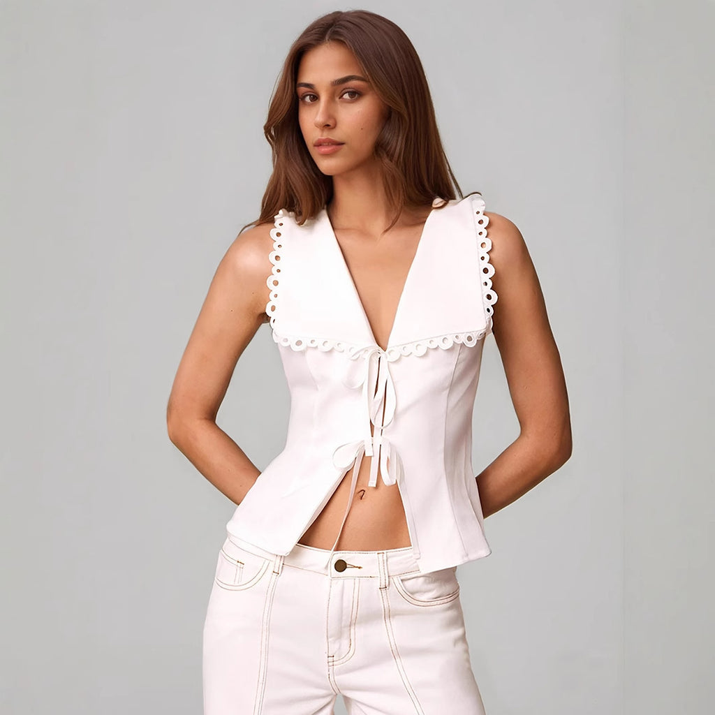 White Lace-trimmed Elegant Women's Slim-fit Sleeveless Top