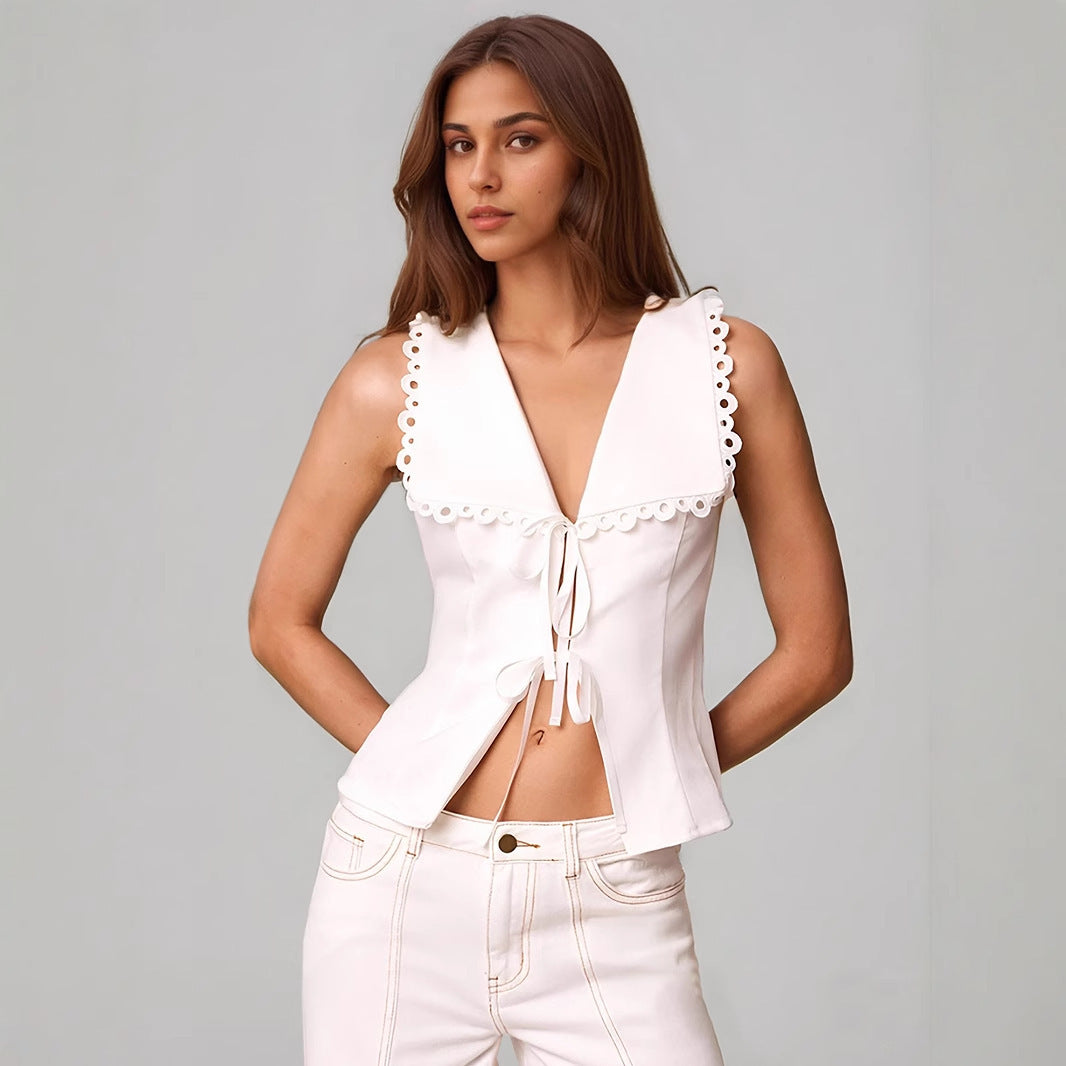 White Lace-trimmed Elegant Women's Slim-fit Sleeveless Top