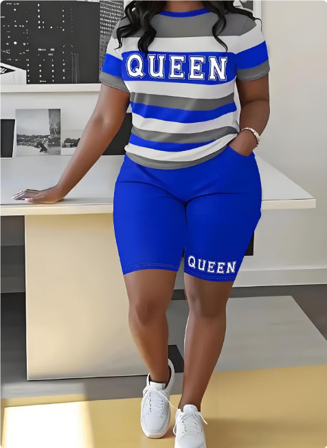 European And American T-shirt Striped Letters 3D Printed Shorts Suit