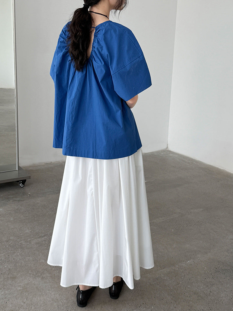 Korean Style Back Strap Backless Youthful Undershirt Pleated Round Neck