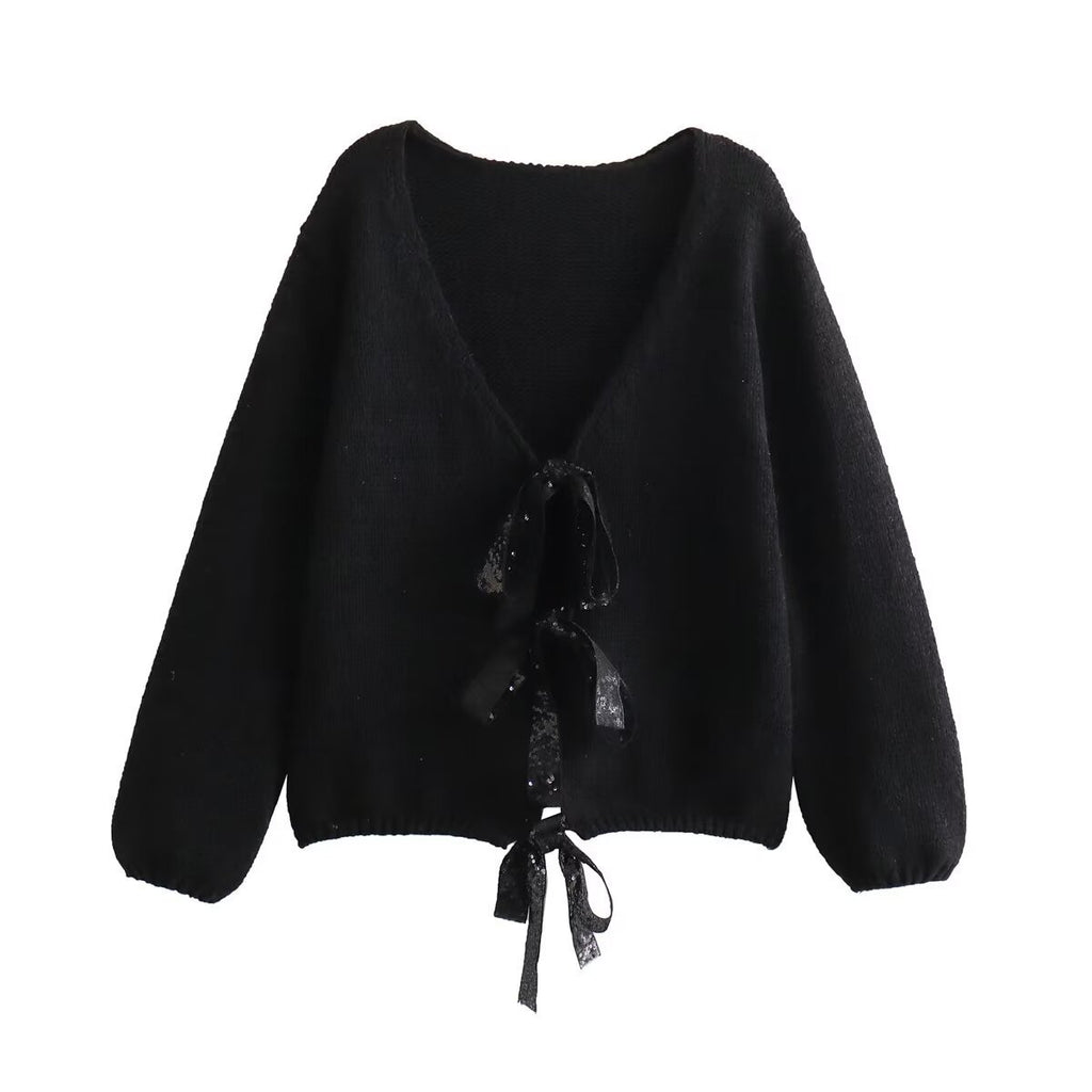 V-neck Long Sleeve Sequined Bow Tie Knitted Cardigan Sweater