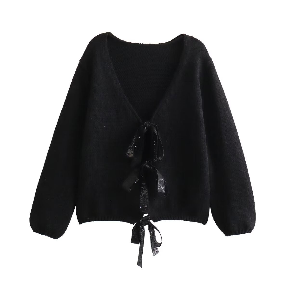 V-neck Long Sleeve Sequined Bow Tie Knitted Cardigan Sweater
