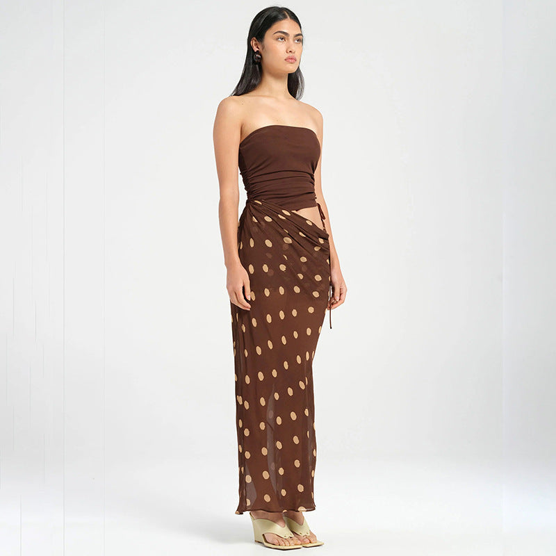 European And American Style Tube Top Hollow-out Dot Mesh Slim-fit Jumpsuit Long Dress For Women