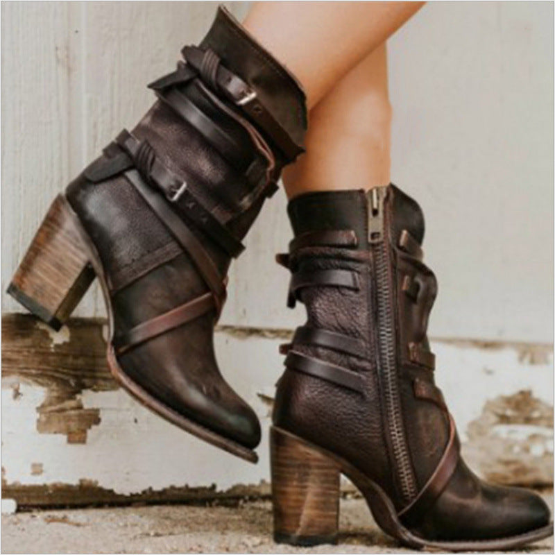 Womens Retro High-Heel Chunky-Heel Side Zipper Ankle Boots With Buckle Details