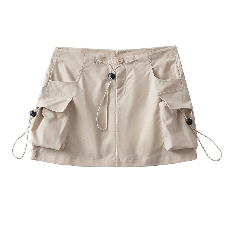 Low Waist Drawstring Elastic Side Workwear With Pocket Skirt