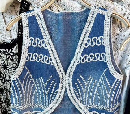 Heavy Industry Crochet Embroidery Denim Waistcoat Vest
